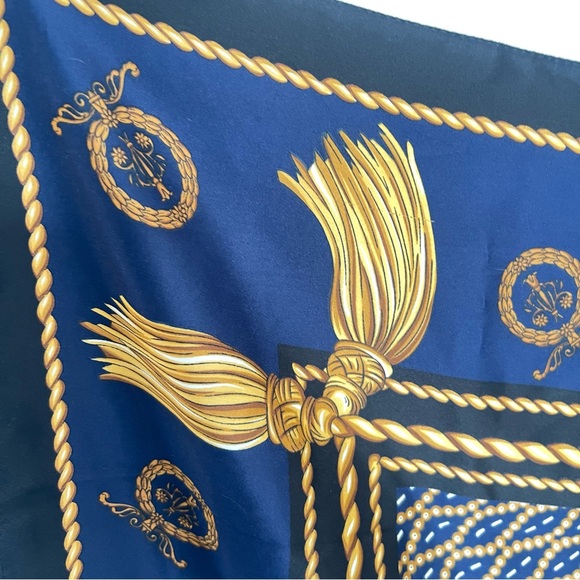 Vintage Berkshire Made in Italy Scarf | Navy Gold Tassel Print Square - Picture 3 of 7